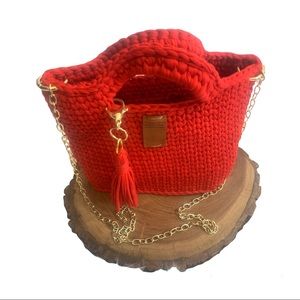 HandMade Handbag, Hand Knitted Hand Woven Crochet Bag Shoulder Designer Bag Red